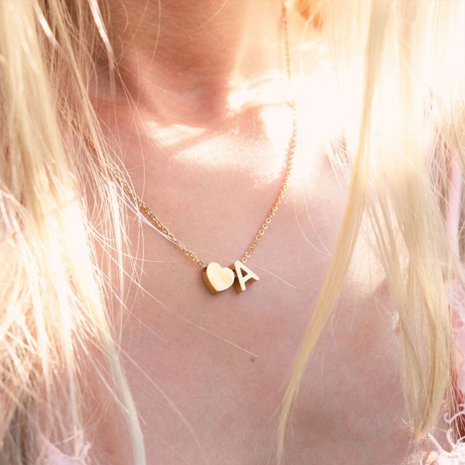 Gold Necklace with Initial and Heart