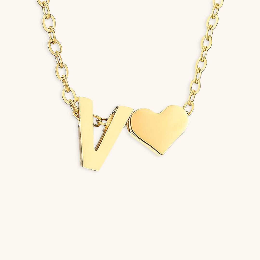 Gold Necklace with Initial and Heart