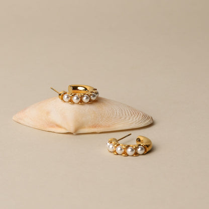 Mini Gold Pearl Hoop Earrings